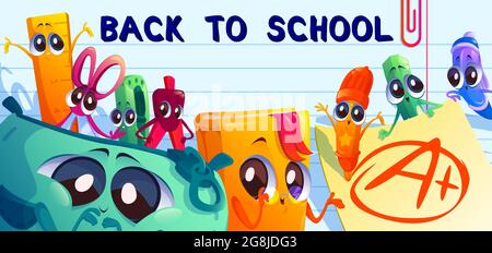 Back to school cartoon banner with student stuff Stock Vector