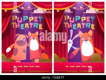 Puppet theatre posters with animals dolls Stock Vector