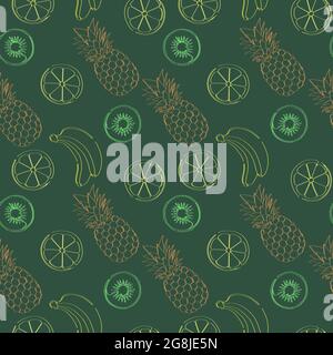 Exotic fruits drawn in one line on a green background. Seamless pattern. Stock vector illustration. Stock Vector