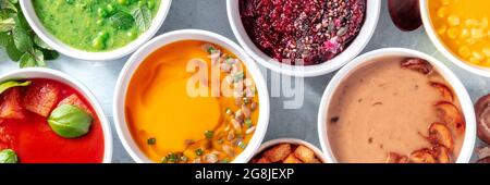 Vegan soup panorama, healthy vegetable detox diet for a spring or summer menu, shot from the top Stock Photo