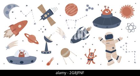 Set of hand drawn cartoon vector illustrations of space. Stock Vector