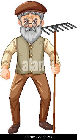 Old farmer man cartoon character holding rake garden tool illustration Stock Vector