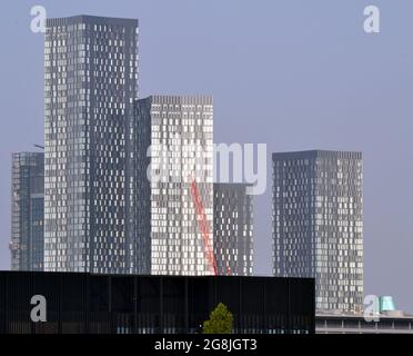 High level view of new skyscrapers at Deansgate Square in central Manchester, England, UK. Stock Photo