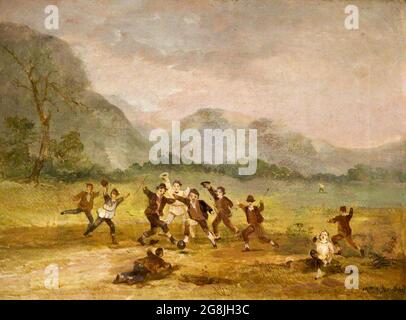 Early Football Game - Village boys play a type of early football game. Camp ball was at it's most popular in the 1830's - anonymous artist Stock Photo