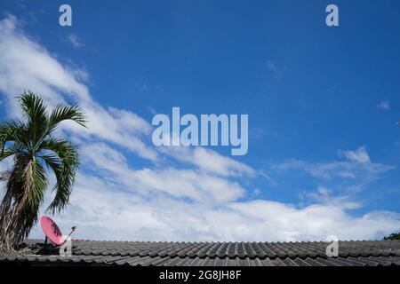 Blue sky and clouds palm tree and satellite dish on the roof Filmed in Chiang mai City ,Thailand Stock Photo