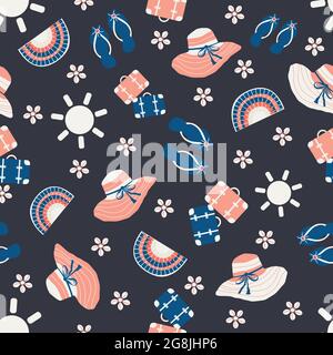 Cute vector travel seamless pattern background withsun, suitcases, kawaii flip flops, sea shells. Fun repeat with colorful vacation icons on white Stock Vector