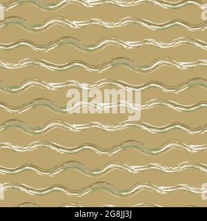 Hand drawn strands of wavy broken stripes.Seamless vector pattern with horizontal irregular fibre strands. Mustard yellow, green, white linear Stock Vector