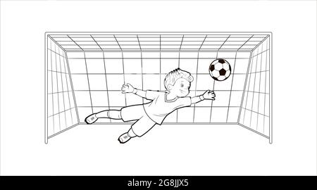 coloring book young soccer player goalkeeper catches soccer ball in flight against the background of soccer goalvector illustration in cartoon style