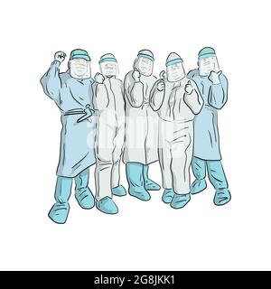 five people in ppe suit with thumbs up hand drawn with black lines isolated on white background illustration vector Stock Vector