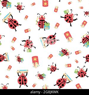 Ladybug back to school vector seamless pattern background. Fun cartoon kawaii ladybird characters with backbacks, pencils, notebooks on white backdrop Stock Vector