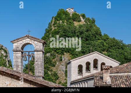 Bottom view of the Rock of Prayer of Roccaporena, Cascia, Italy, or Sacro Scoglio, seen from the city center Stock Photo