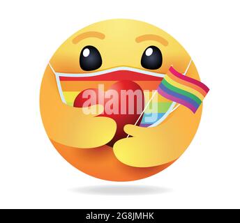 High quality emoticon on white background. Emoji with Pride flag Red Heart. Pride emoji. Mask emoticon. Rainbow emoticon. Stock Vector