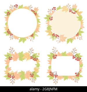 Autumn pattern from leaves. A collection of round and rectangular frames, napkins from multi-colored maple leaves, red rowan berries and branches Stock Vector