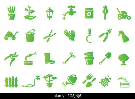 Set of garden icons in green gradient. Growing seedlings plant shoots. Agriculture and gardener. Biotechnology plants. Sowing seeds. Flower and Garden Stock Vector