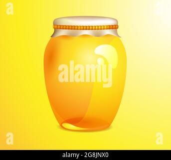 Honey in a glass jar on yellow gradient background for business, farming, food industry promotion Stock Vector