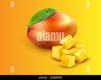 Mango. Whole and pieces. Sweet fruit. 3d vector icons set. Realistic ripe fresh mango yellow, orange, red whole and sliced mango cubes on leaf orange Stock Vector