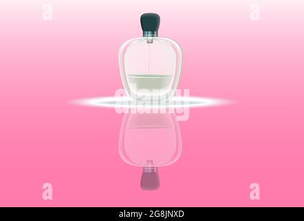 Realistic perfume half empty bottle with reflection. Mockup realistic glass transparent packaging product for cosmetics. 3d realistic perfume bottle Stock Vector