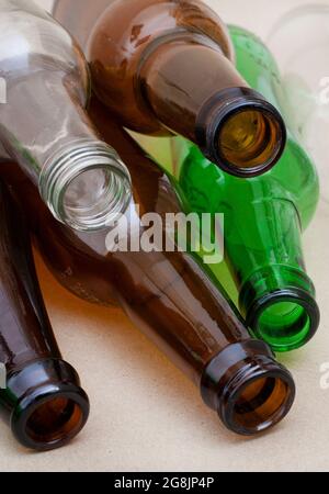 various empty glass bottles for recycling Stock Photo