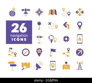 Maps, location, navigation vector glyph icons set. Graph symbol for travel and tourism web site and apps design, logo, app, UI Stock Vector