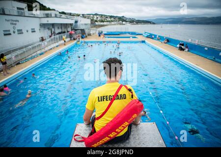 Lifeguard at Gourock outdoor swimming pool, Scotland. Stock Photo