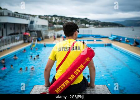 Lifeguard at Gourock outdoor swimming pool, Scotland. Stock Photo