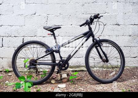 Black mountain bicycle at the garden against white wall background. Stock Photo