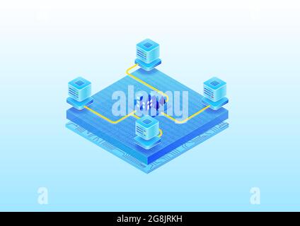 Concept of automated smart home connected to cloud data centers. 3D isometric vector illustration. A house communicating with server farm Stock Vector