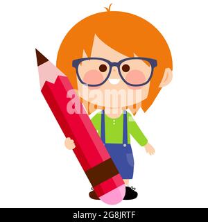 Little boy student holding a big pencil. Stock Photo