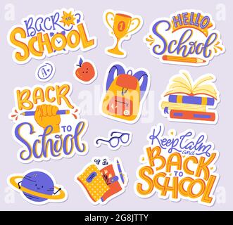 School sticker pack - books, copybooks, backpack, planet, apple, glasses, A+ grade mark, cup. Back to School hand letterings. Vector set. Stock Vector