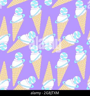 Ice cream pattern seamless, colored in a waffle cone, lilac blue yellow color, planet. Vector illustration Stock Vector