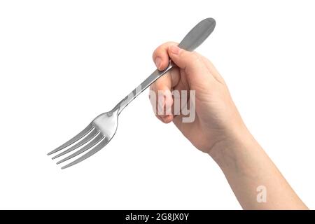 Woman hand using steel fork, isolated on a white background Stock Photo