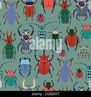 Seamless pattern with colorful bugs. Bright vector drawing of small beetles. Insect on the green background. Cartoon bug wallpaper. Stock Vector