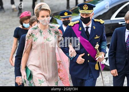 Queen Mathilde of Belgium and King Philippe - Filip of Belgium arrive for the Te Deum mass, on the occasion of Today's Belgian National Day, at the Sa Stock Photo