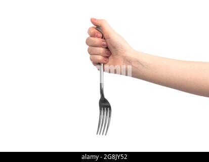Hand with steel kitchen fork, isolated on a white background Stock Photo