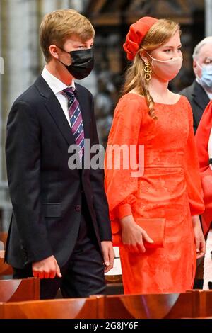 Prince Emmanuel and Crown Princess Elisabeth pictured during the Te Deum mass, on the occasion of Today's Belgian National Day, at the Saint Michael a Stock Photo