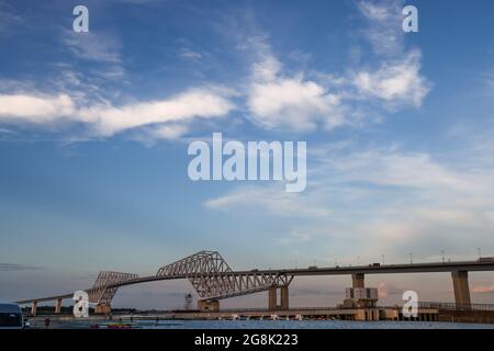 Tokio, Japan. 21st July, 2021. Rowing: Olympics, training, in the Sea Forest Waterway. A view of the Tokyo Gate Bridge. Credit: Jan Woitas/dpa-Zentralbild/dpa/Alamy Live News Stock Photo