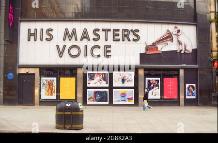 Exterior view of the HMV flagship store on Oxford Street, which closed permanently in 2019. This year, the music, film and gaming retailer celebrates the 100th anniversary of the opening of its first store. Stock Photo