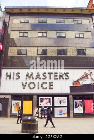 Exterior view of the HMV flagship store on Oxford Street, which closed permanently in 2019. This year, the music, film and gaming retailer celebrates the 100th anniversary of the opening of its first store. Stock Photo