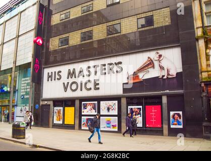 Exterior view of the HMV flagship store on Oxford Street, which closed permanently in 2019. This year, the music, film and gaming retailer celebrates the 100th anniversary of the opening of its first store. Stock Photo