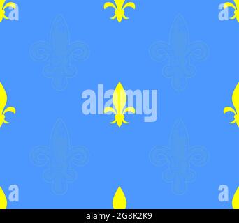 Vector seamless pattern of yellow heraldic icon. Unique yellow lily flowers tile. Simple elegant fleur-de-lis symbol on blue background. Stock Vector