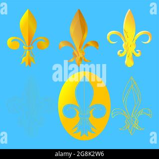 Vector set of golden heraldic icon. Six unique yellow lily flowers. Simple elegant fleur-de-lis symbol on blue background. Stock Vector