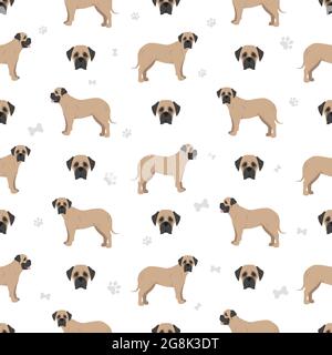 Bullmastiff seamless pattern. Different coat colors and poses set.  Vector illustration Stock Vector