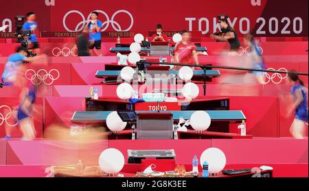 Tokyo, Japan. 21st July, 2021. Table tennis players from China and Japan attend a training session ahead of the Tokyo 2020 Olympic Games at Tokyo Metropolitan Gymnasium in Tokyo, Japan, July 21, 2021. Credit: Wang Dongzhen/Xinhua/Alamy Live News Stock Photo
