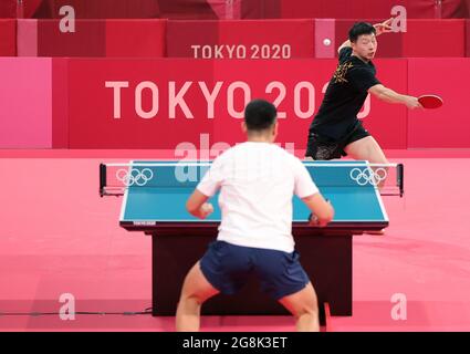 Tokyo, Japan. 21st July, 2021. Chinese table tennis player Ma Long attends a training session ahead of the Tokyo 2020 Olympic Games at Tokyo Metropolitan Gymnasium in Tokyo, Japan, July 21, 2021. Credit: Wang Dongzhen/Xinhua/Alamy Live News Stock Photo