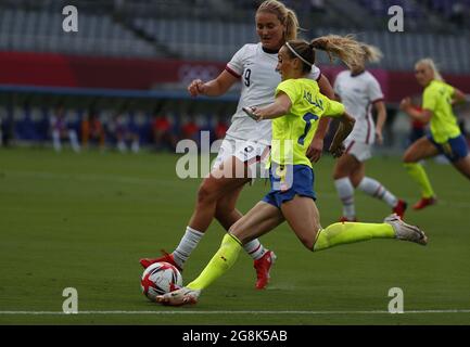 Tokyo, Japan. 21st July, 2021. United States midfielder Lindsey Horan (9) fights for the ball with Sweden midfielder Kosovare Asllani (9) in a Group G Women's football match during the Tokyo Summer Olympic Games in Tokyo, Japan, on Wednesday July 21, 2021. Photo by Bob Strong/UPI Credit: UPI/Alamy Live News Stock Photo