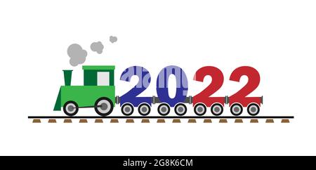 Children's train from the car in the form of numbers 2022. Merry Christmas and Happy New Year. Vector illustration. Stock Vector