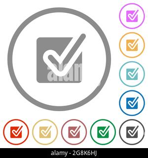 Checked box flat color icons in round outlines on white background Stock Vector