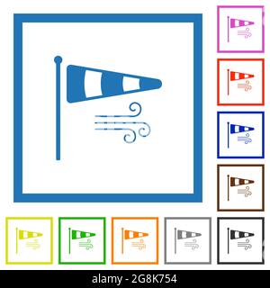 Windsock indicator with wind solid flat color icons in square frames on white background Stock Vector