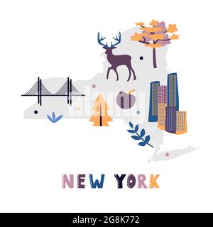 USA map collection. State symbols and nature on gray state silhouette - New york. Cartoon simple style for print Stock Vector