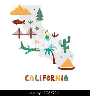 USA map collection. State symbols and nature on gray state silhouette - California. Cartoon simple style for print Stock Vector